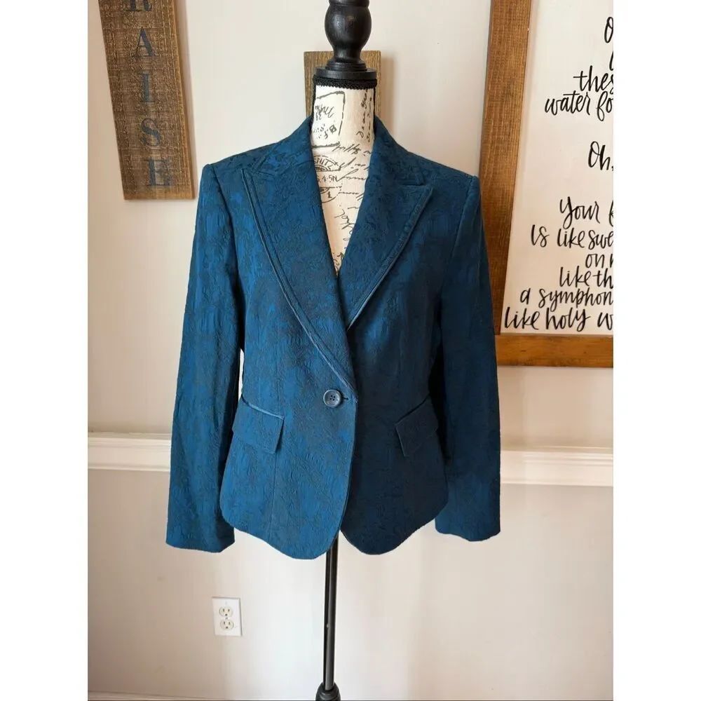 Style & Co Women's Brocade Floral One Button Blazer Jacket Teal Blue Size 12